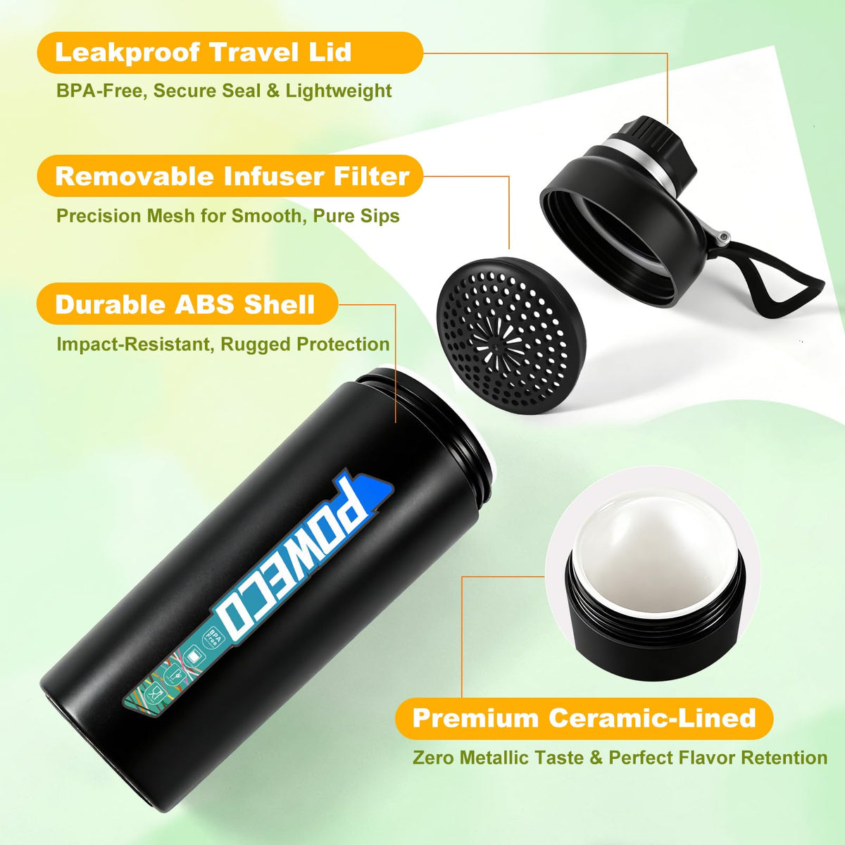 18 oz Ceramic-Lined Insulated Travel Mug with Tea Infuser